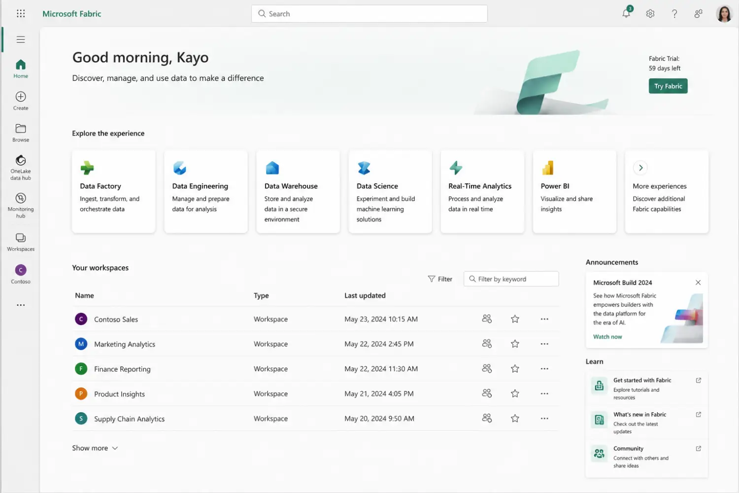 Microsoft Fabric startsida