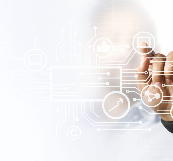 Businessman pointing at his presentation on the futuristic digital screen